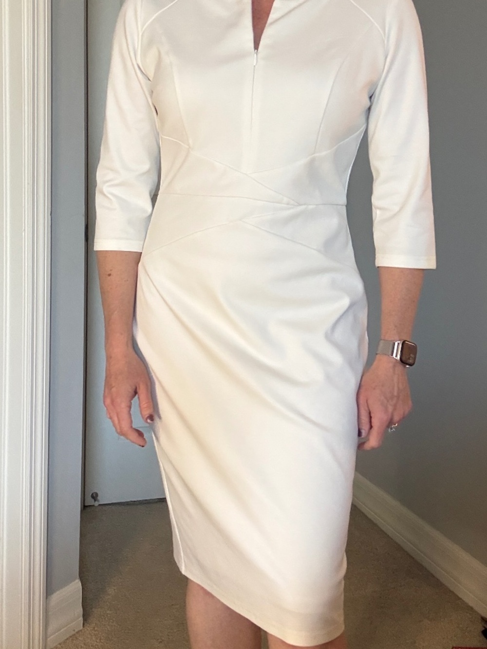 White zip front seamed fully lined knee length dress size large